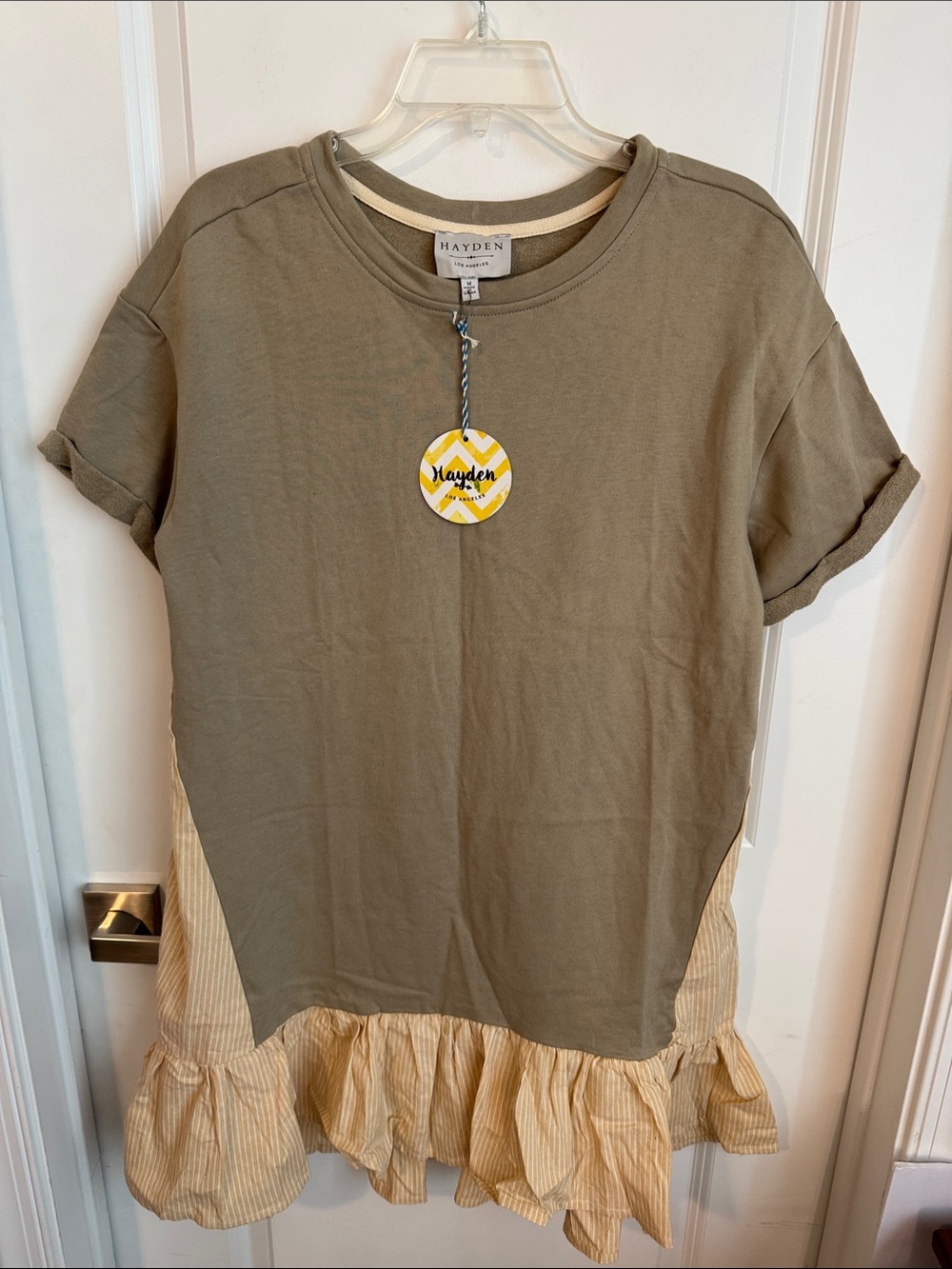 Hayden Olive Green Short Sleeve Dress with Cream Striped Ruffle Hem